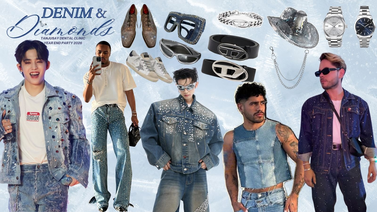Outfit ideas for him: jeweled and studded denim jackets, rhinestone jeans with a white tee, denim vest, dark denim set, plus sparkly shoes, silver sunglasses, chain bracelet, buckle belts, wallet chain, disco cowboy hat and silver watches.