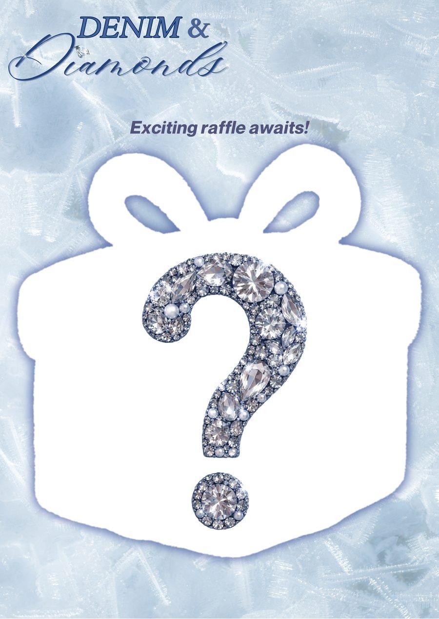 Denim and Diamonds: Exciting raffle awaits! A gift box with a jeweled question mark.